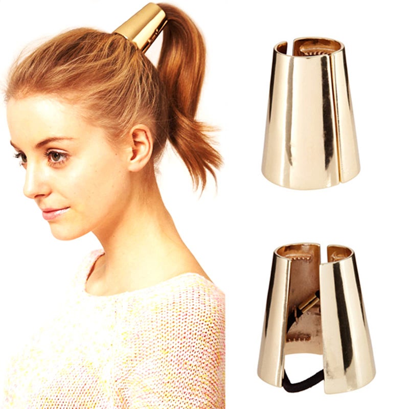 KINFENE 2 Pack Metal Ponytail Horsetail Buckles with Smooth Alloy Bands - Simple Elastic Hair Rings for Long Hair (Gold) - Image 1